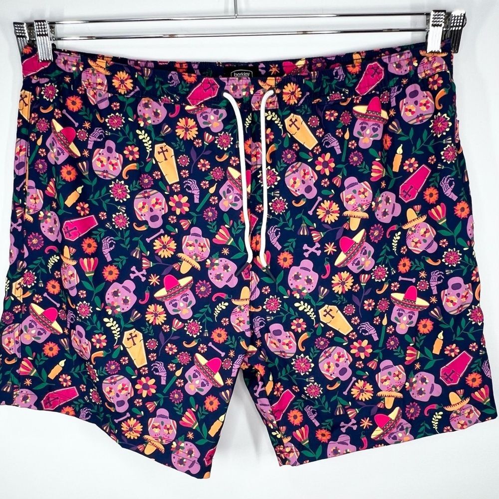 NWT Berkley Jensen Day Of The Dead Fun 1 Skulls Flowers Coffins Swim Shorts XXL